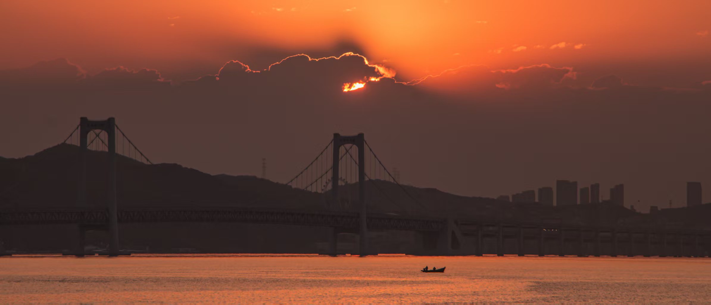Orange sunset over a suspension bridge, cover for Attractor | 吸引子