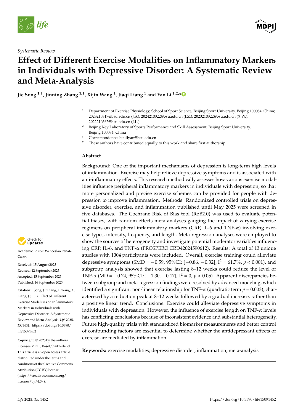 First page of the exercise and inflammatory markers article